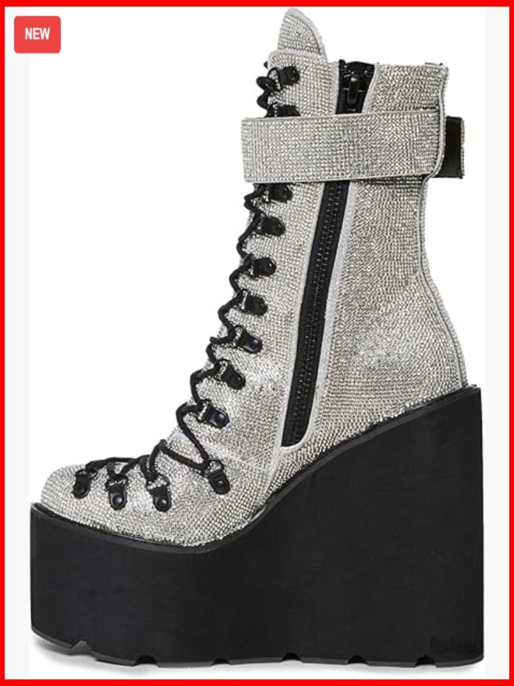 Silver Rhinestone Studded Wedge Platform Boots with Lace-Up Buckle Straps
